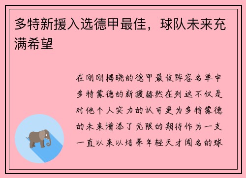 多特新援入选德甲最佳，球队未来充满希望