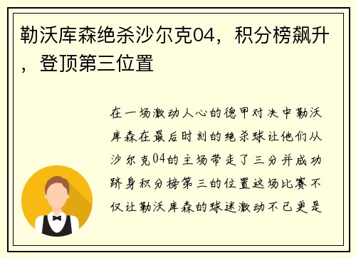 勒沃库森绝杀沙尔克04，积分榜飙升，登顶第三位置