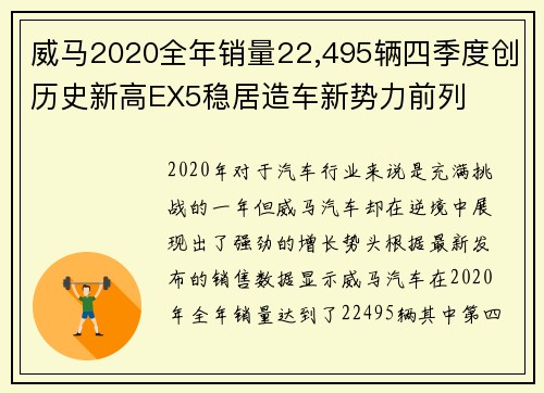 威马2020全年销量22,495辆四季度创历史新高EX5稳居造车新势力前列