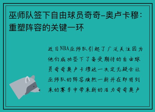 巫师队签下自由球员奇奇-奥卢卡穆：重塑阵容的关键一环