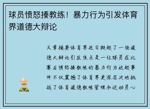 球员愤怒揍教练！暴力行为引发体育界道德大辩论